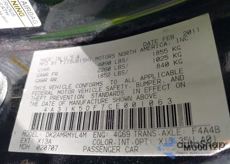 2012 Mitsubishi Eclipse Gs/Gs Sport/Se from USA, damaged, VIN 4A31K5DF7CE001063